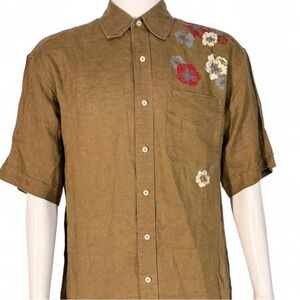Sean John Mens Brown 100% Linen Floral Short Sleeve Button Down‎ Shirt L